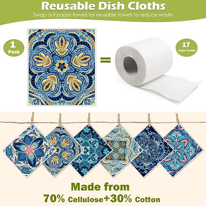 6 Packs Swedish Paper Cloths for Kitchen, Reusable Paper Towels Washable Dish Rags, Highly Absorbent Kitchen Towels Quick Drying Swedish Sponge Cleaning Dish Cloths(Blue Retro Floral)