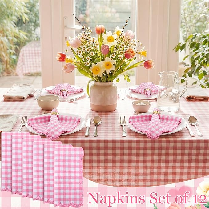 SmoothNovelty 12 Pack Buffalo Plaid Cloth Napkins 18x18 Inch Spring Checkered Cloth Napkins Scalloped Soft Cotton Table Mat Washable Reusable for Dinner Wedding Birthday Parties (Classic,Pink)