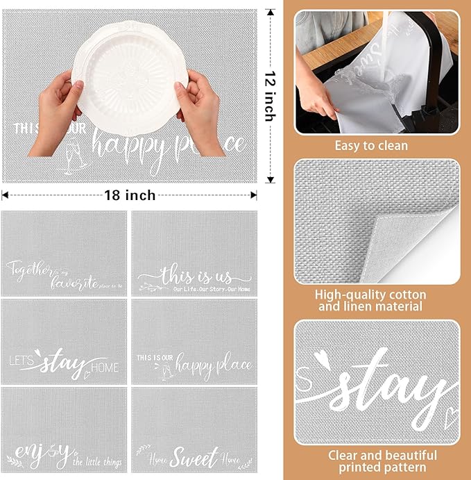 Farmhouse Placemats Set of 6 Linen Placemats 18x12'' Rustic Table Mats with Sayings Housewarming Gifts Country Tablemats Washable Cloth Place Mats for Farmhouse Table Setting(Grey)
