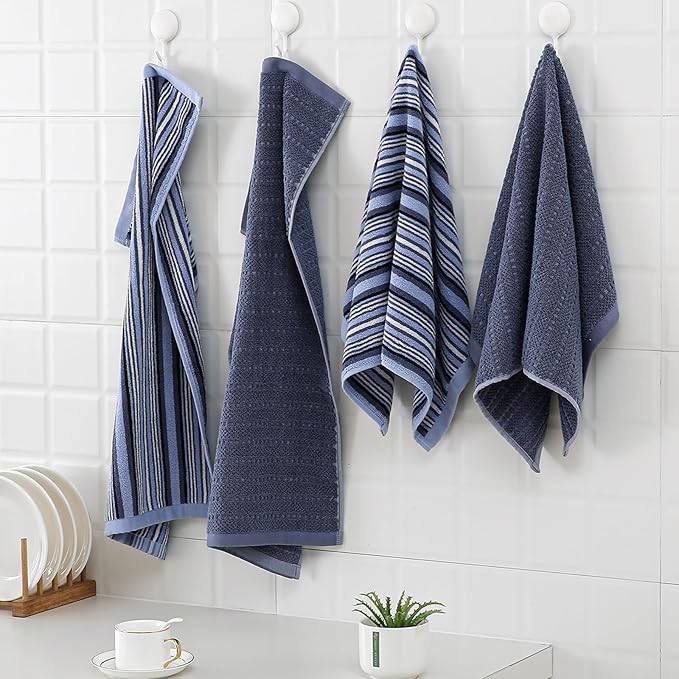 Kitchen Dish Towels for Drying Dishes, Large Cotton Kitchen Towels, Stripped Terry Dish Cloths, Thick Highly Absorbent Towel Sets with Hanging Loop, 16" X 26", 6 Packs, Blue and Solid Color