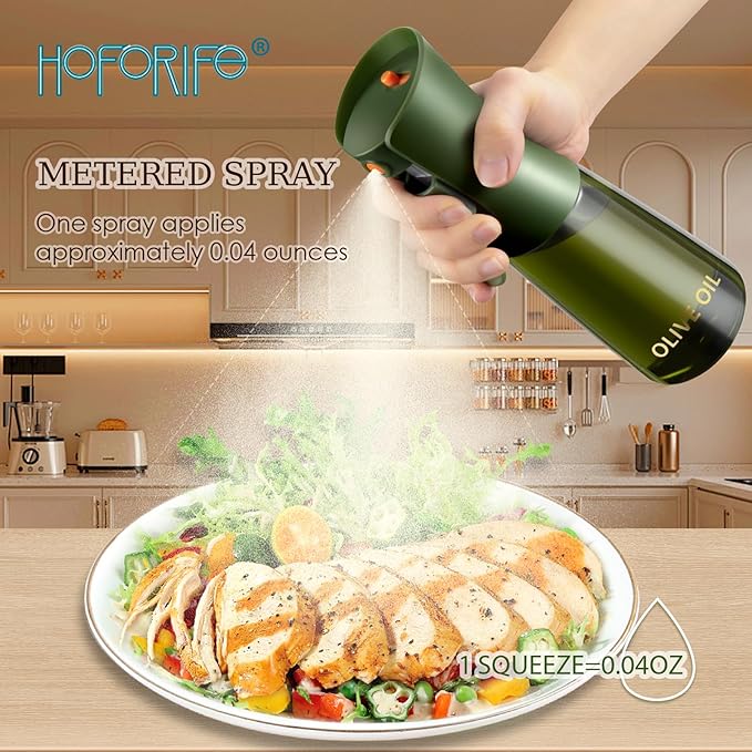 Glass Olive Oil Sprayer for Cooking, Oil Mister Continuous Cooking Spray with Portion Control for Kitchen 200ml/7oz (Green Bottle)