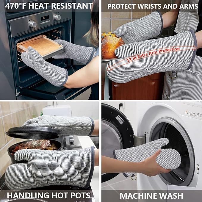 1 Pair Yarn Dyed Oven Mitts 100% Cotton Heat Resistant 470 Degree Gloves Men Women Cooking Baking Barbecue BBQ Microwave Crafting Machine Washable Pot Holders Mittens (Grey)