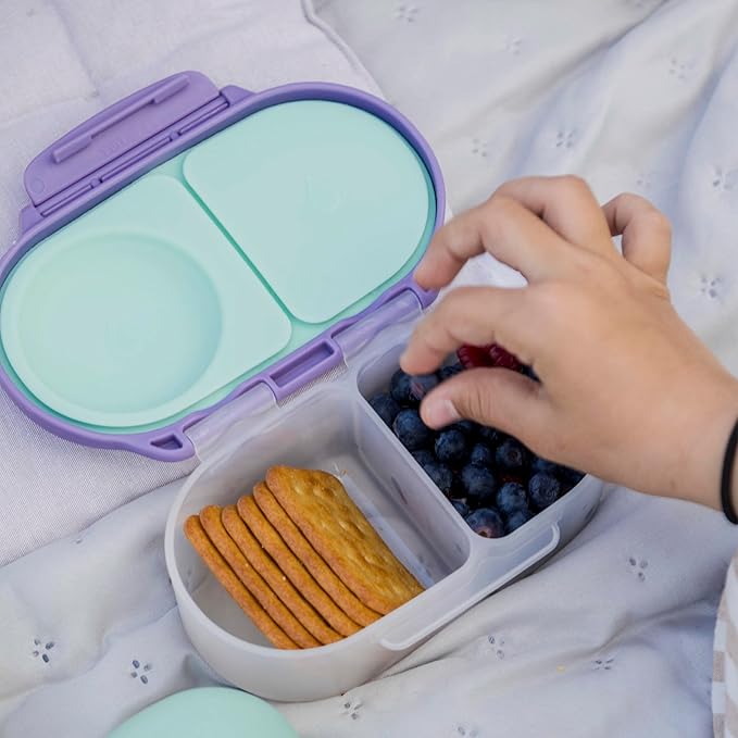 b.box Snack Box - Leakproof Mini Bento Box for Kids & Toddlers, 2 Compartment Snack Containers for Kids, Lunch Containers, Dishwasher Safe, BPA Free, PFAS Free, Ages 4m+, 1 3/4 Cup - Lilac Pop