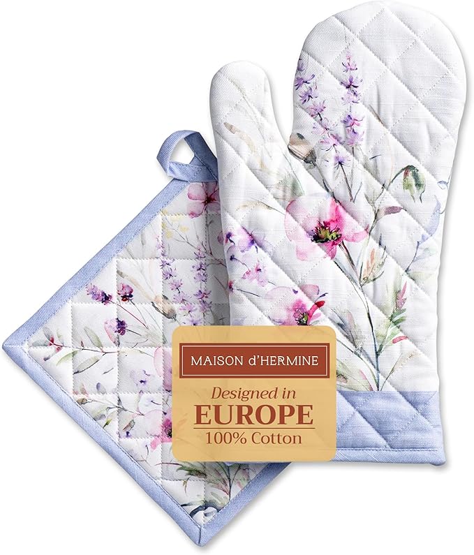 Maison d' Hermine 100% Cotton Oven Mitt & Pot Holder Set (7.5"x13" & 8"x8") Heat Resistant BBQ Cooking Gloves with Loop Baking Grilling Kitchen Gifts for Mothers Day Spring/Summer (Summer Floral)