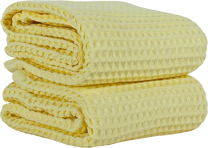 PÜSKÜL Natural 100% Turkish Cotton Waffle Bath Towels Set of 2-Piece | 32x63 Extra Large Absorbent Quick-Dry Lightweight Spa Towel | Decorative Guest Bathroom Towel (Yellow Bath Towels - Pack of 2)