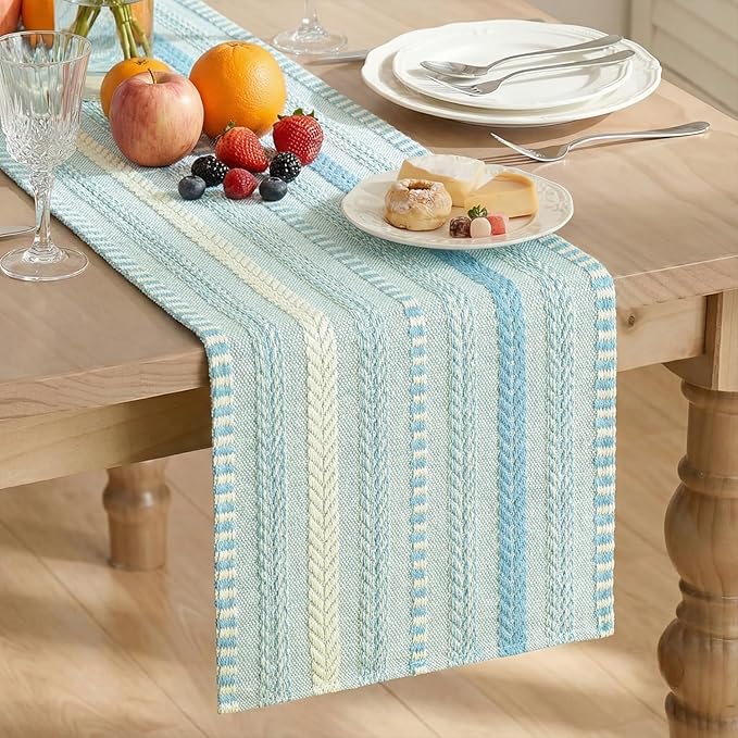 Artoid Mode Sky Blue Farmhouse Woven Table Runner, Seasonal Holiday Rustic Kitchen Dining Table Decoration for Home Party Decor 12x72 Inch