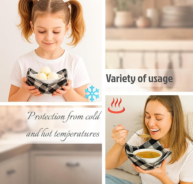 Set of 2 Microwave Bowl Cloth Hot Pads with Black and White in A Cage - Pot Holder or Microwavable Bowl Cozies - Protector for Heat Soup or Food Meals - Multipurpose Heat Resistant Plate Holders