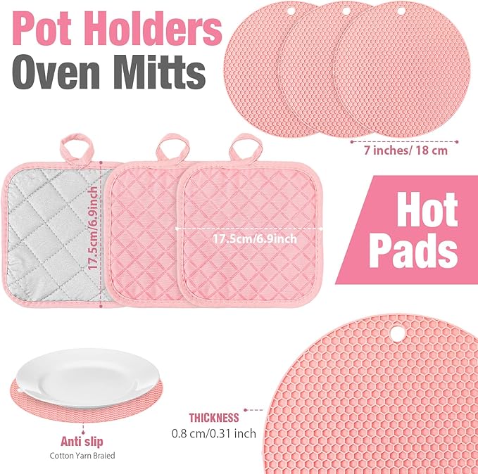 Pink Oven Mitts and Pot Holders 7 Sets, Heat Resistant Kitchen Gloves Pads Potholders for Women Gifts Pot Holders Kitchen Accessories Gift(Pink,Rubber Cotton,Honeycomb)