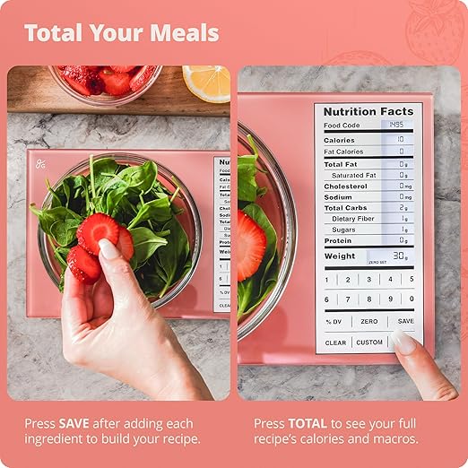 Greater Goods Digital Nutrition Scale – Accurate Macro and Calorie Tracking for Meal Prep, Weight Loss, and Healthy Eating | 2,000 Built-in Foods, Intuitive Nutrition Label Display, 11lb Cap, Pink