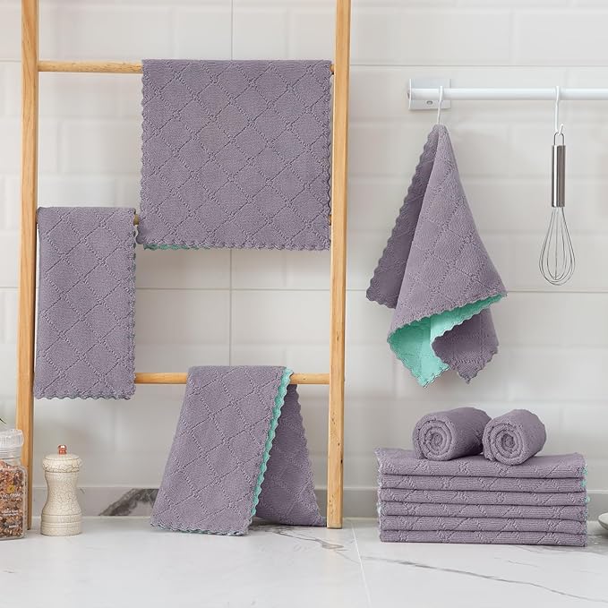 Mordimy 12 Pack Kitchen Towels (20" x 10", Grey & Green), Super Soft and Absorbent Dish Towels, Coral Velvet Microfiber Cleaning Cloth, Nonstick Oil Fast Dry Dish Cloths