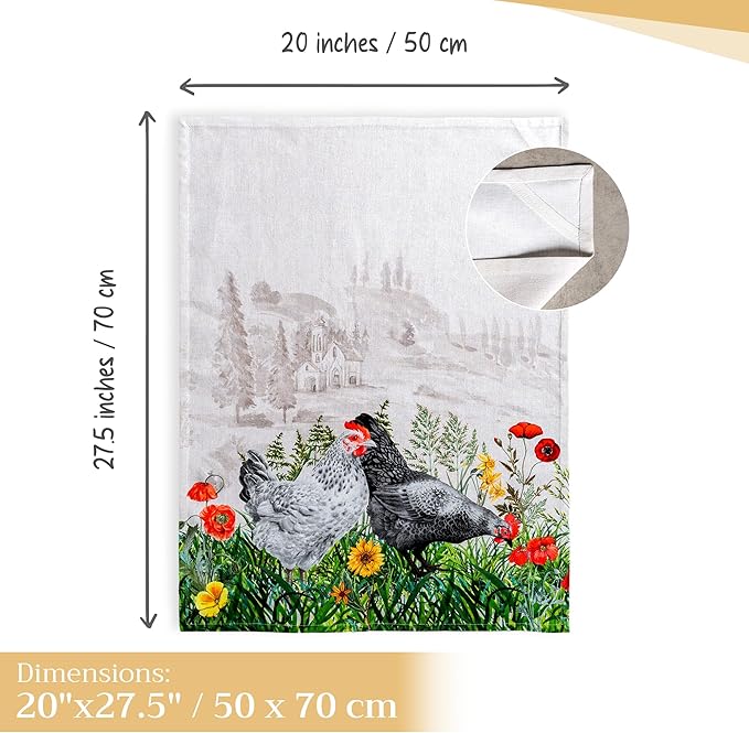 Maison d' Hermine Kitchen Towels Set of 3 100% Cotton 27.50" x 20" Reusable Cloth Tea Dish Towels Absorbent with Hanging Loop for Kitchen Gifts for Mothers Day Spring/Summer (Basse Cour)