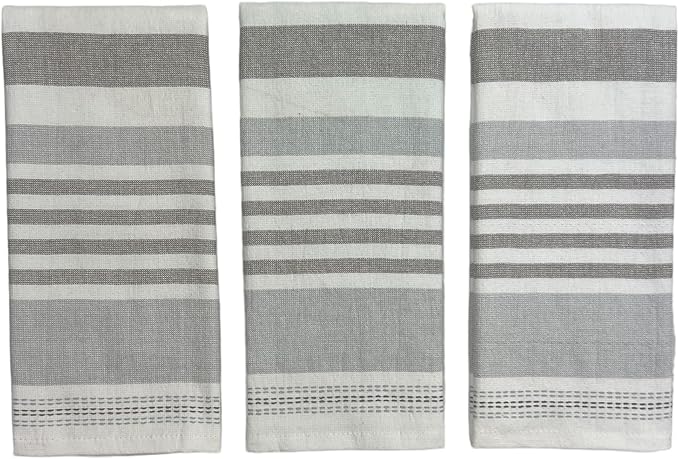 Serafina Home Grey White Kitchen Hand Dish Towels: Oversized 28" x 16",100% Cotton Cloth Soft Cleaning Drying Absorbent Striped Design, Set of 3 Multipurpose for Everyday Use (Grey Monica)