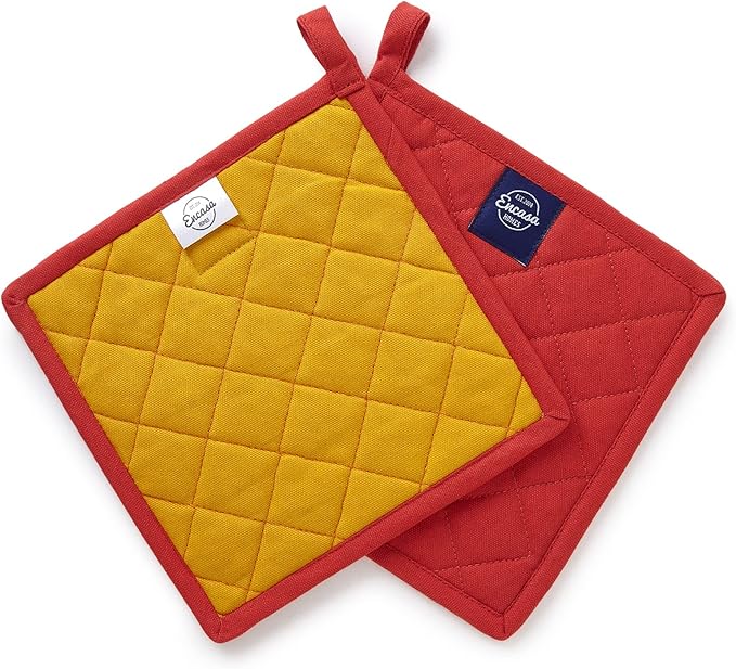 Encasa XO Heat Resistant Cotton Pot Holders with Hanging Loop - Set of 2 - Mango - Multipurpose Quilted Everyday Hot Pad for Kitchen, Camping, BBQ & Microwave - 8x8 in