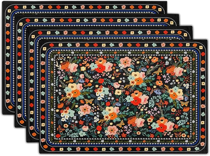 Vintage Flowers Linen Placemat Set Black Wildflower Table Mats for Home Kitchen Dining Decoration 12 X 18 in Floral