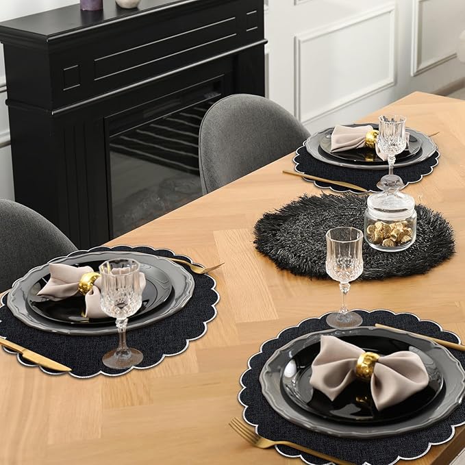 Set of 6 Round Placemats 15 Inch Cotton Scalloped Embroidery Placemat Washable Double Layered Rustic Dinner Table Mat Decor Fabric for Hotel Restaurant Kitchen(Black/White,Classic)