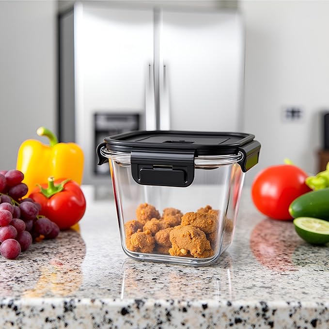 H.JSS WDJS 32oz Square Glass Food Storage Containers with Lids, 4 Cup Glass Soup Containers, Heat-Resistant BPA free Square Meal Prep Bowls for Microwave, Freezer, Dishwasher safe (4Packs)