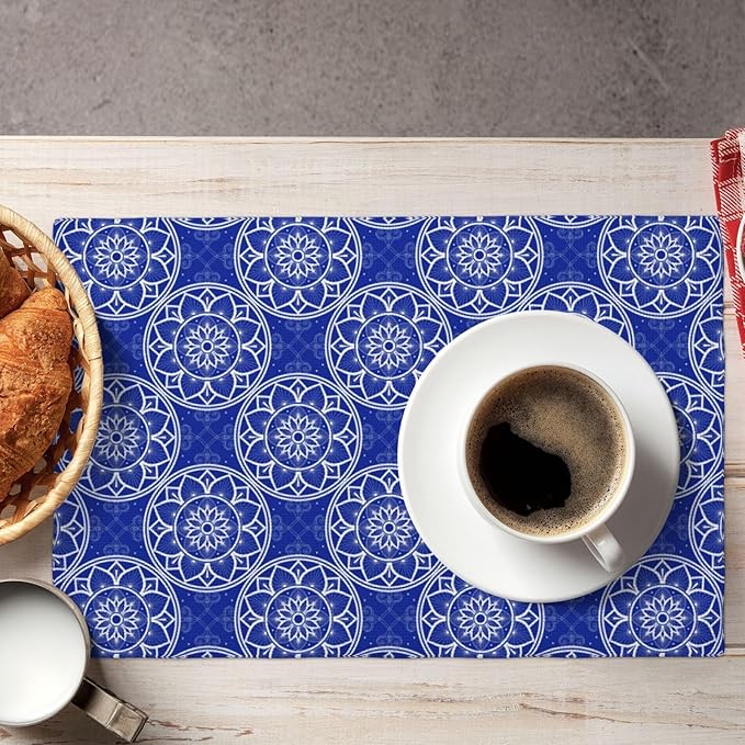 Chinoiserie Blue and White Florals Linen Placemats Set of 4, Navy Blue Chinoiserie Place Mats 4 for Dining Table Kitchen Coffee Shop Farmhouse, Gifts for Chinese Culture, Festival & Kitchen Home Decor
