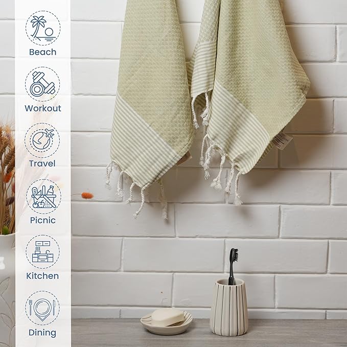 The Fine Living Co. Turkish Towels - Set of 2, 100% Cotton, Decorative for Bath, Face, Hair, Tea or Dishcloth, 40'x18' (Sage Green)