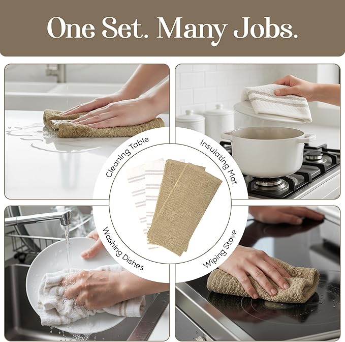 MosJos Kitchen Towels, Set of 4 Hand Towels Cotton Waffle Weave Taupe and White Dish Cloths 18 x 28 Super Absorbent and Striped Design
