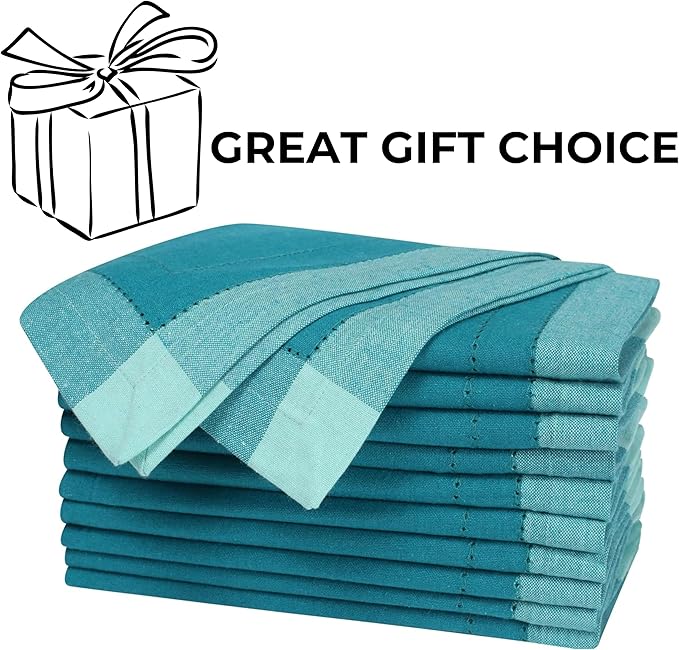 Homidate Cotton Cloth Dinner Napkins Set of 12 – 20x20 Teal Multi Double Hemstitched – Machine Washable Reusable Fabric Napkins for Weddings & Dinner Tables