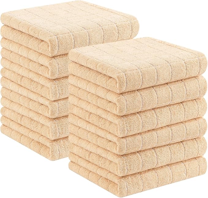 Homaxy 100% Cotton Terry Kitchen Towels(Apricot, 13 x 28 inches), Checkered Designed, Soft and Super Absorbent Dish Towels, 12 Pack