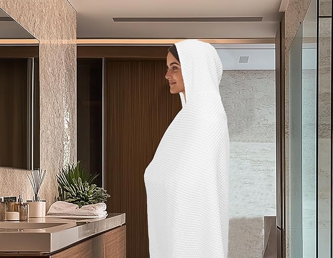 COTTON CRAFT Hooded Bath Towel – Oversized 35 x 70 Waffle Weave Towel with Hood for Adults - 100% Ringspun Cotton Pool Bath Sheet Wrap with Hood - Soft Super Absorbent Quick Dry – 450 GSM – White
