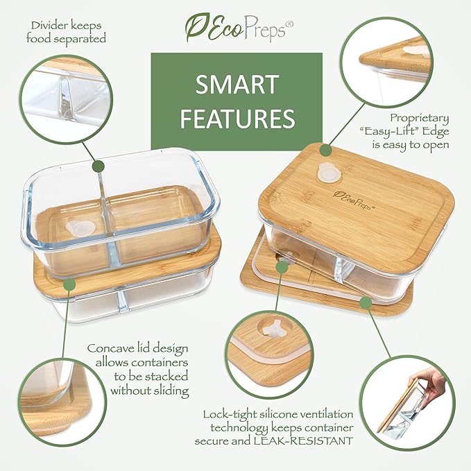 EcoPreps Glass Meal Prep Containers with Bamboo Lids, 2 Compartment Glass Bento Box Container Set (3 Pack) | 100% Plastic Free, Eco-Friendly, Lunch Containers with Lids Made of Bamboo - Set of 3