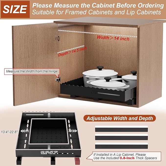 Expandable Pull Out Cabinet Organizer - Adjustable Width 12-18" & Depth 13-23", 3-Rail Heavy Duty Slide Out Drawer, No-Drills Adhesive Mount, Fits Lip & Lip-Free Cabinets(Black)