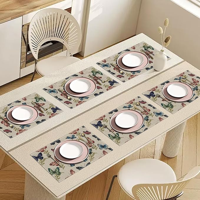 Vintage Colourful Butterfly Placemats Set of 6, Washable Heat Resistant Table Mat Linen Place Mats for Party Kitchen Dining Home Decor 12x18 Inch