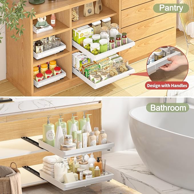 DOMNIU 2 Pack Pull Out Cabinet Organizers Expandable, Plastic Slide Out Drawers for Kitchen, Bathroom, Pantry, Under Sink Storage, Pull Out Drawers Fixed with Adhesive Nano Film (White, 11.6''-17.5'')