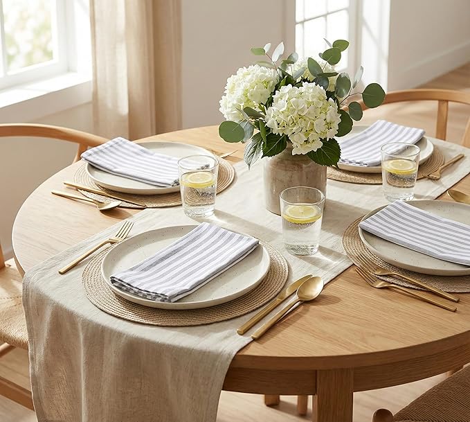 PurpleEssences Plain Striped Cloth Napkins - Set of 12-100% Cotton - 18 x 18 Inch - Spring Easter Summer and Perfect Everyday Use Dinner Napkin - Gray and White