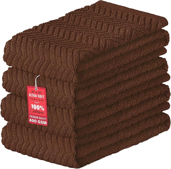 DecorRack 100% Cotton Kitchen Towels, 15" x 25" Absorbent Dish Towels [Premium Quality 400 GSM] Coffee (Pack of 4)