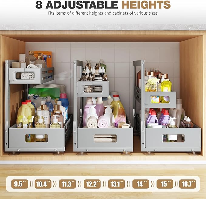2 Pack 21IN-Depth Under Sink Organizer,Pull Out Cabinet Organizer With Smooth Cylindrical Rail,Metal Slide Out Drawer for Kitchen Bathroom Laundry,8-Level Tool Free Height Adjustable-Gun Gray