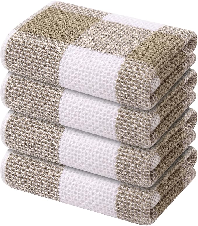 Mordimy 100% Cotton Waffle Weave Kitchen Towels, 13 x 28 Inches, Super Soft and Absorbent Buffalo Check Dish Towels for Drying Dishes, 4-Pack, Khaki & White