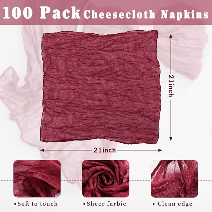 100 Pack Burgundy Cheesecloth Napkins Washable 21x21 Inches Burgundy Cloth Napkins Set of 100 Dinner Table Napkins for Wedding Bridal Baby Shower Rustic Boho Cotton Gauze Summer Party Table Decor