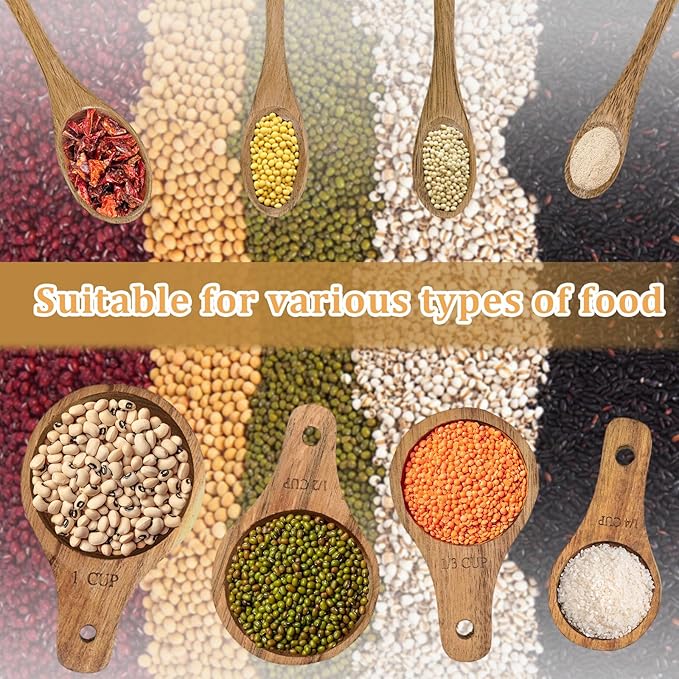 Wooden Measuring Cups and Spoons Set - Eco-Friendly Solid Acacia Wood, Laser Engraved Measurements for Precision, Perfect for Baking & Cooking, Ideal Gift for Bakers, Chefs & Home Cooks (Brown)