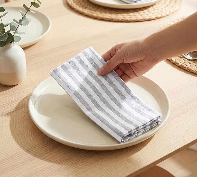 PurpleEssences Plain Striped Cloth Napkins - Set of 12-100% Cotton - 18 x 18 Inch - Spring Easter Summer and Perfect Everyday Use Dinner Napkin - Gray and White