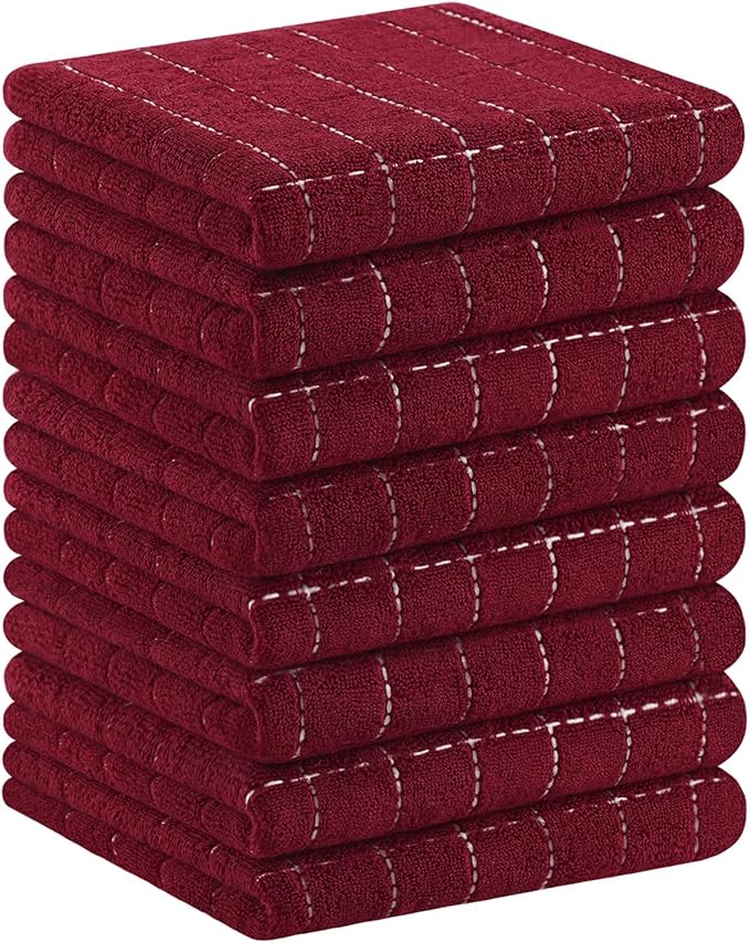 Homaxy 100% Cotton Terry Kitchen Towels(Burgundy Red, 13 x 28 inches), Checkered Designed, Soft and Super Absorbent Dish Towels, 8 Pack