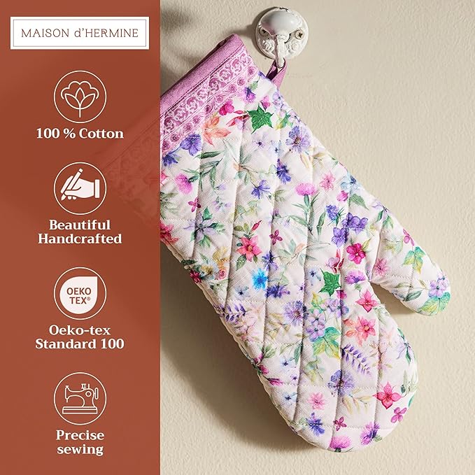 Maison d'Hermine Oven Gloves 100% Cotton Oven Mitt 7" x 13" with Loop Heat Resistant BBQ Cooking Gloves Baking Grilling Gifts for Mothers Day Spring/Summer (Pack of 1, Chardon)