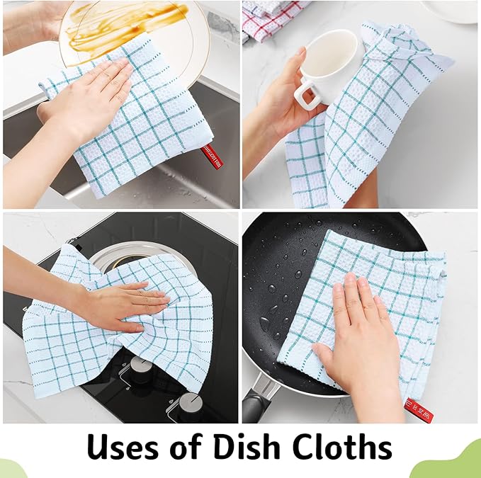 Homaxy 100% Cotton Dish Cloths, 8 Pack-12 X 12 Inches, Check Design Waffle Weave Dish Rags for Washing Dishes, Ultra Absorbent and Fast Drying Dishcloths, Teal