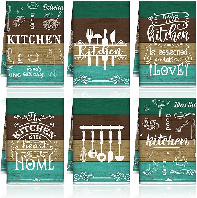 Bencailor 6 Pcs Green Kitchen Towels Decorative Sets Dish Towels Absorbent Fast Drying Hand Tea Vintage Hanging Reusable Cleaning Dishcloths for Cooking Farmhouse Bathroom Accessory