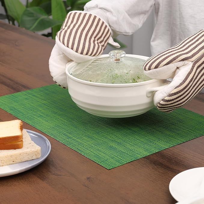 Myir JUN Placemats Set of 10, Vinyl Woven Placemats Place Mats Indoor Set of 10 Washable Table Mats Non-Slip Place mats for Dining Table (Dark Green)