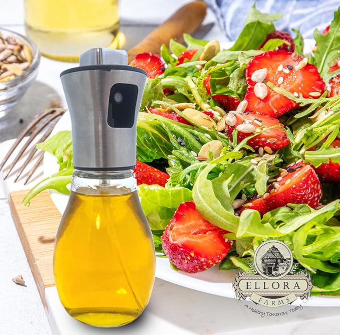Ellora Farms, Aries Chef Premium Oil, Vinegar Mister or Sprayer, 200 ml (6.8 oz) Glass Spray Bottle with Stainless Steel top and Funnel, Pack of 1