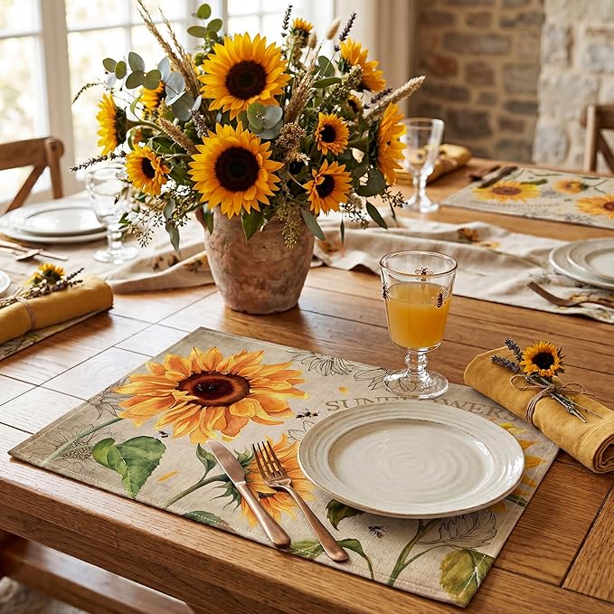 Sunflower Linen Placemats Set of 6, 12x18 Inch Farmhouse Spring Summer Sunshine Table Mats, Washable Table Decor for Kitchen Dining Indoor Outdoor Party Holiday