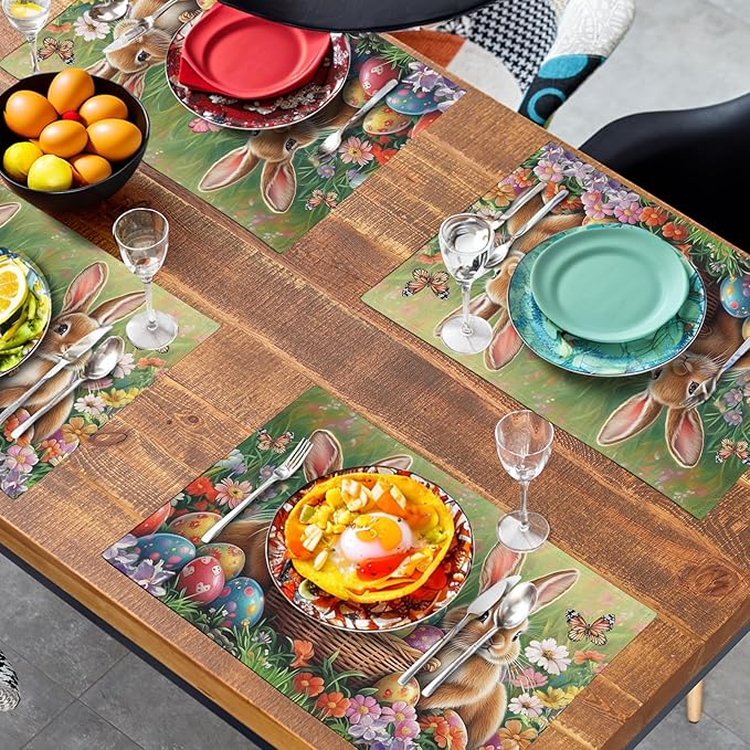 Easter Bunny Placemats Set of 4 Easter Colorful Eggs Floral Linen Fabric Table Mats Spring Farmhouse Seasonal Table Place Mats for Outdoor Indoor Home Party 12x18 Inch