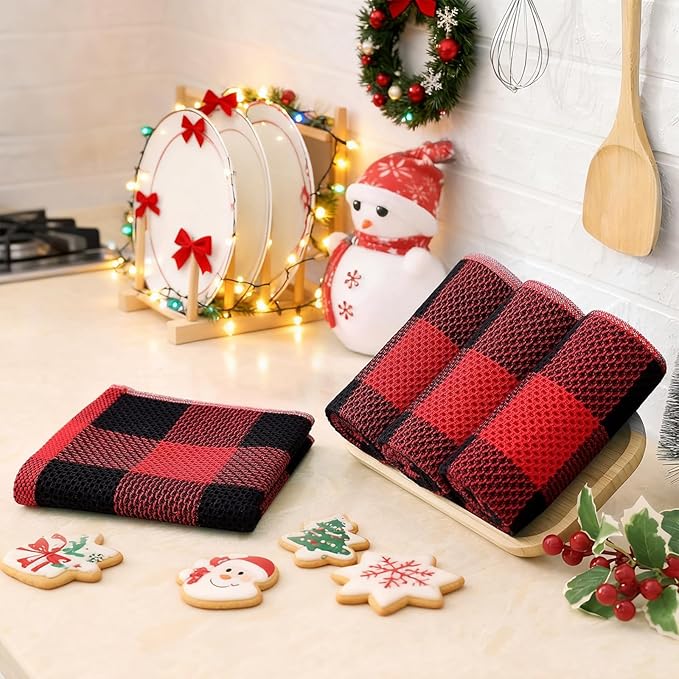 Homaxy 100% Cotton Waffle Weave Check Plaid Kitchen Towels, 13 x 28 Inches, Super Soft and Absorbent Dish Towels for Drying Dishes, 4-Pack, Black & Red