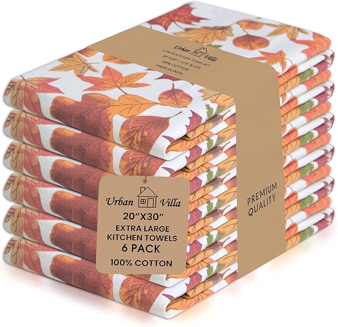 Urban Villa Kitchen Towels Harvest Leaves Print Dish Towels Set of 6 20" X30” 100% Cotton Highly Absorbent Quick Drying Dish Cloths & Dish Towels Thanksgiving Fall Tea Towels with Hanging Loop Towels