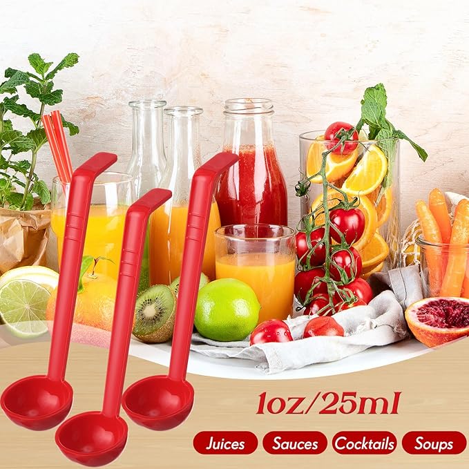 Tioncy 10 Pcs 1 oz Small Ladle 7.1 Inches Mini Ladle for Serving Sauce, Soup, Dressing, Punch Bowl, Gravy, Cocktail, Fruit Juices Reusable Plastic Long Handle Spoon for Party Banquets Catering (Red)