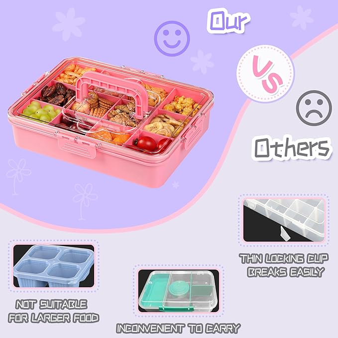 Xyptorix Snack Box Container for Kids - Adjustable 12-Compartment Snack Containers, Reusable Bento Box, Dishwasher Safe, BPA-Free, Perfect for School, Travel, Camping & Picnic, Pink & Green, Large
