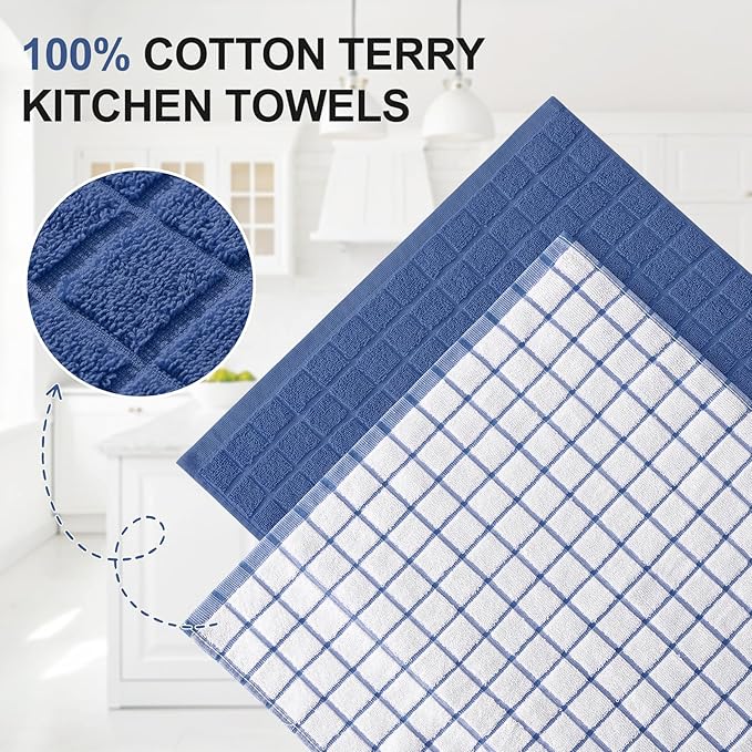 Homaxy Premium Cotton Kitchen Towels 16"x 28", Large Natural Ring Spun 390 GSM Dish Towels, Super Absorbent Terry Kitchen Hand Towels, Soft Tea Towels with Hanging Loop, Navy Blue Check Design, 6 Pack